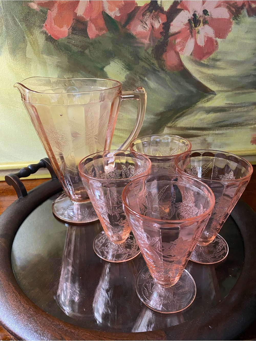 Pink Depression Pitcher “Floral” Set